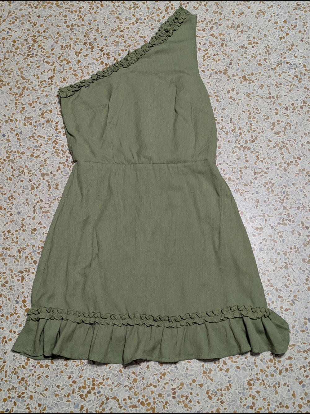 Blue Rain One-Shoulder Olive Dress with Ruffle Trim